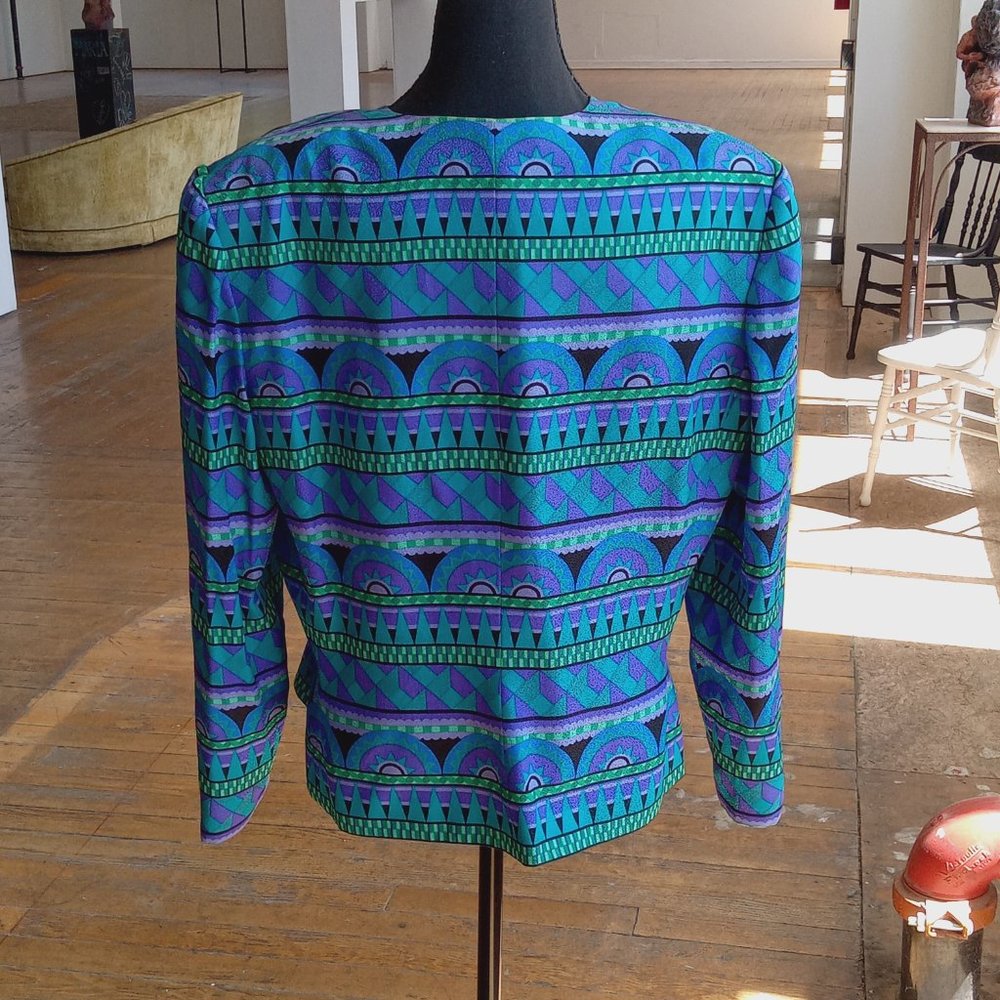 Vintage 100% silk Purple bluescreen black geometric print blazer - Picture 3 of 6